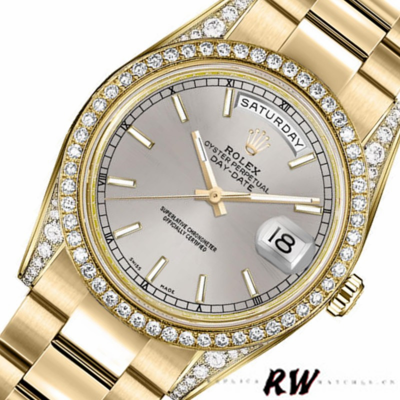Rolex Day-Date 118388 Diamond Bezel Silver Index Dial 36MM Unisex Replica Watch - QualitySwissReplica