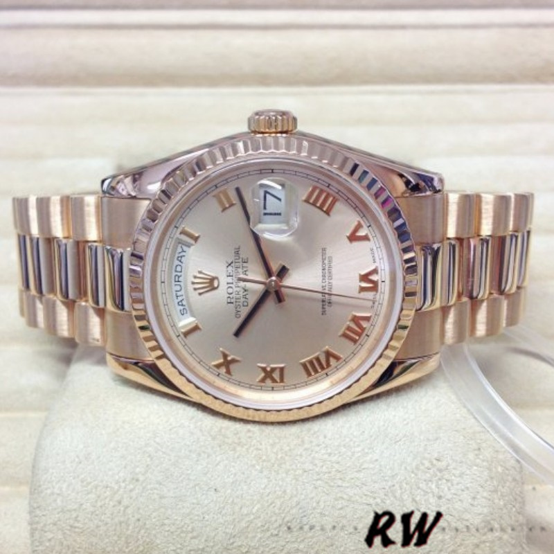 Rolex Day-Date 118235 Pink Roman Numeral dial 36mm Lady Replica Watch - QualitySwissReplica