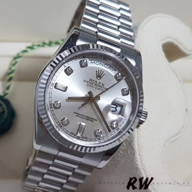Rolex Day-Date 118239 Silver Diamond Dial 36mm Unisex Replica Watch - QualitySwissReplica