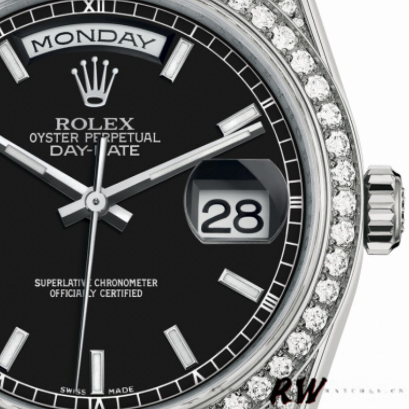 Rolex Day-Date 118389 White Gold Black Index Dial 36MM Unisex Replica Watch - QualitySwissReplica