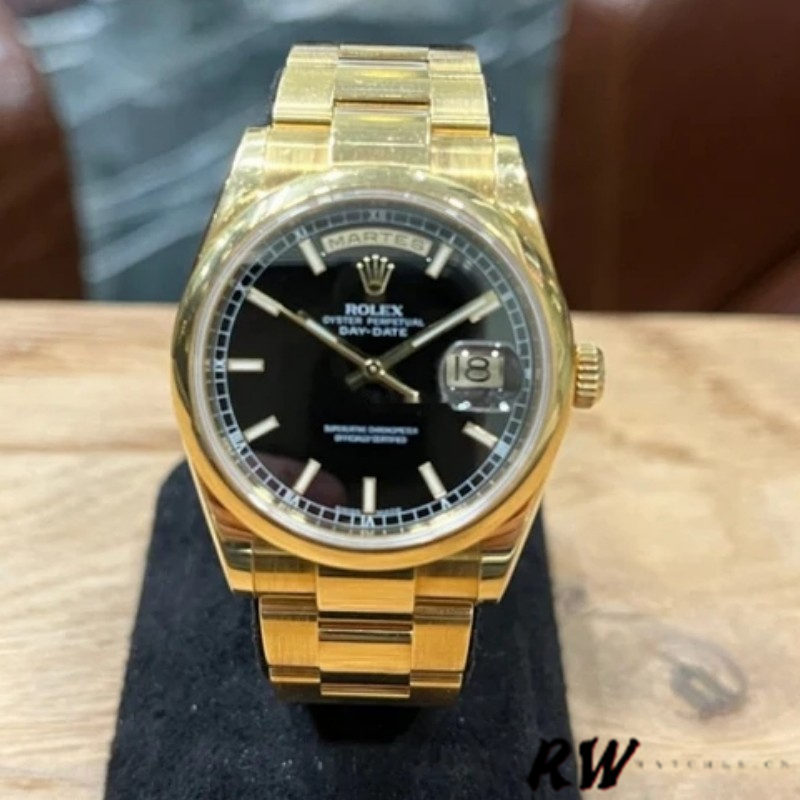 Rolex Day-Date 118208 Black Arab Dial Yellow Gold 36mm Unisex Replica Watch - QualitySwissReplica