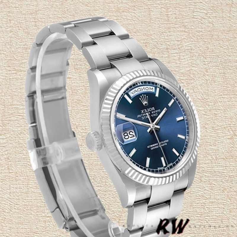 Rolex Day-Date 118239 White Gold Blue Dial Fluted Bezel 36mm Unisex Replica Watch - QualitySwissReplica