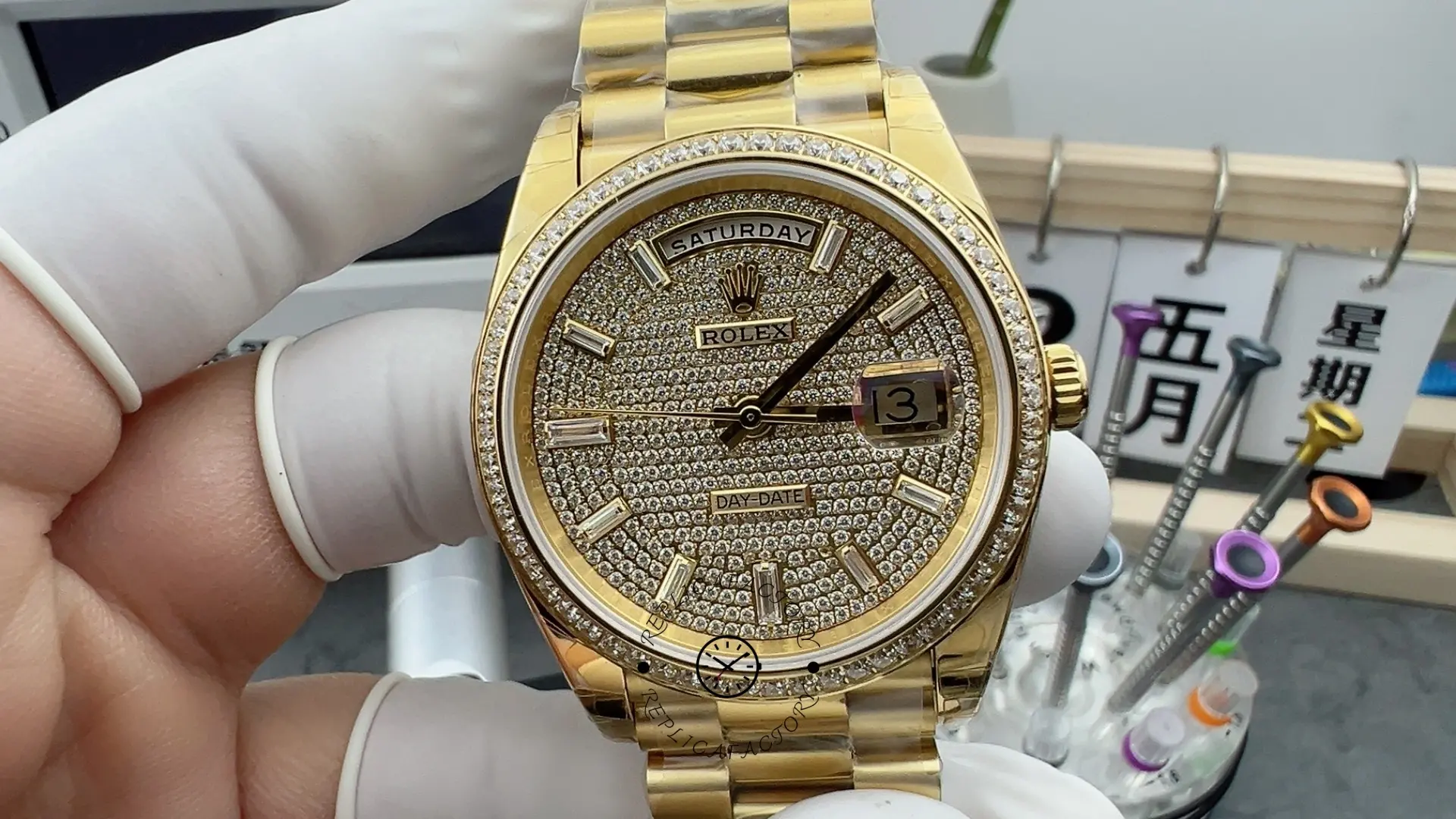 Replica Rolex Day-Date Diamond-Paved Dial 228398TBR-0036 40 Yellow Gold - QualitySwissReplica