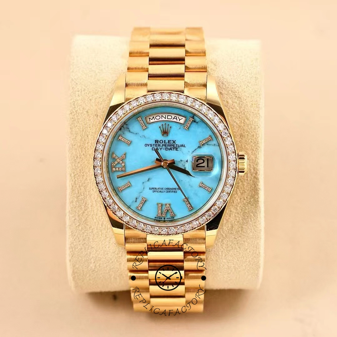 Rolex Day-Date 128348RBR Turquoise Diamond Dial Yellow Gold 36MM Unisex Replica Watch - QualitySwissReplica