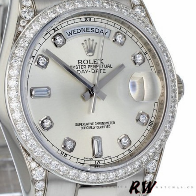Rolex Day-Date 118389 Silver Diamond dial 36MM Unisex Replica Watch - QualitySwissReplica