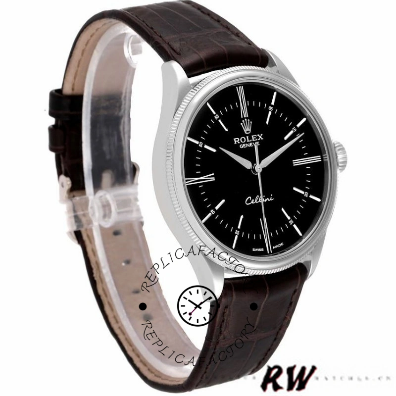 Rolex Cellini Time 50509 Brown Leather Strap Black Dial 39mm Mens Replica Watch - QualitySwissReplica