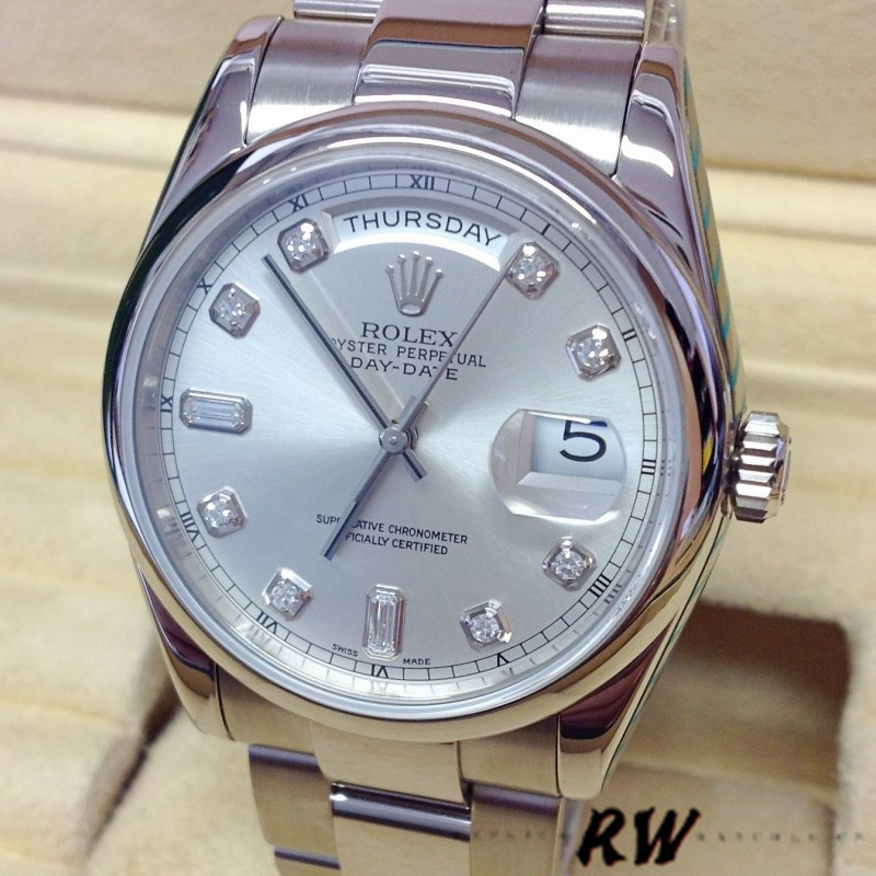 Rolex Day-Date 118209 Silver Diamond Dial Automatic 36mm Unisex Replica Watch - QualitySwissReplica