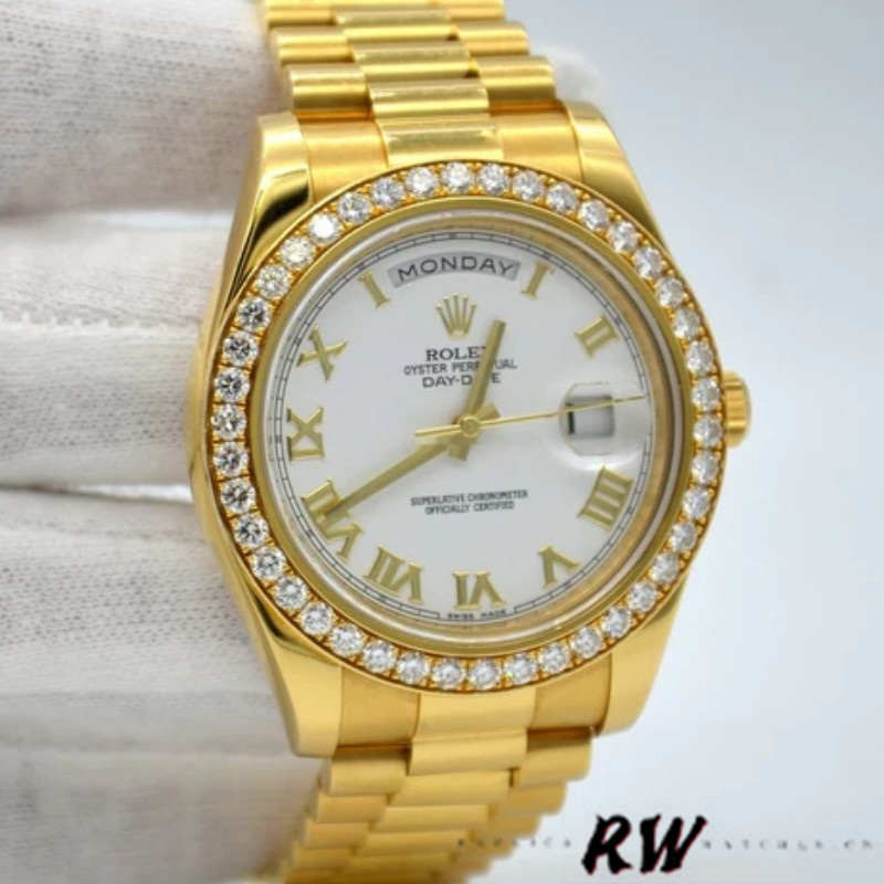 Rolex Day-Date 228348RBR White Roman Dial Diamond Bezel 40mm Mens Replica Watch - QualitySwissReplica