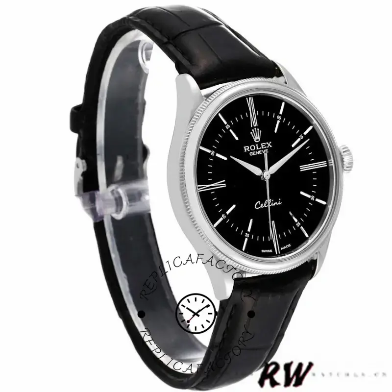 Rolex Cellini Time 50509 Black Leather Strap Black Dial 39mm Mens Replica Watch - QualitySwissReplica