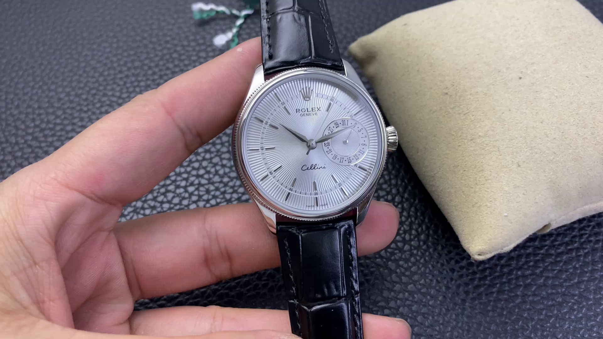 Rolex Cellini Date 50519 Black Leather Silver Dial 39mm Mens Replica Watch - QualitySwissReplica