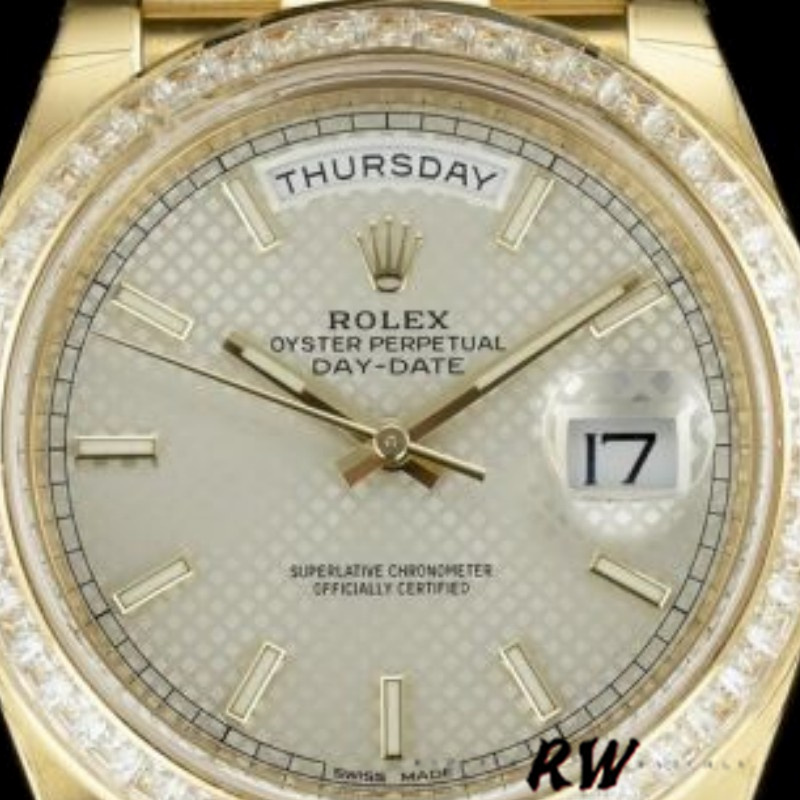 Rolex Day-Date 228398TBR Silver Diagonal Motif Dial Diamond Bezel 40mm Mens Replica Watch - QualitySwissReplica