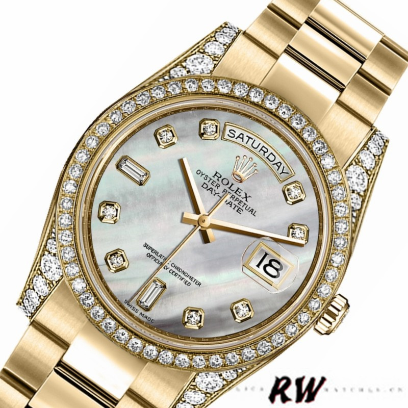 Rolex Day-Date 118388 White MOP Diamond Dial 36MM Unisex Replica Watch - QualitySwissReplica