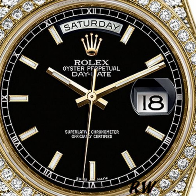 Rolex Day-Date 118388 Yellow Gold Black Index Dial 36mm Unisex Replica Watch - QualitySwissReplica