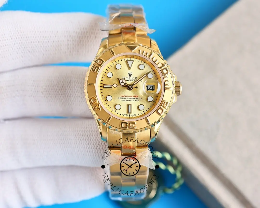 Rolex Yacht-Master 169628 Yellow Gold Champagne Dial 29mm Lady Replica Watch - QualitySwissReplica