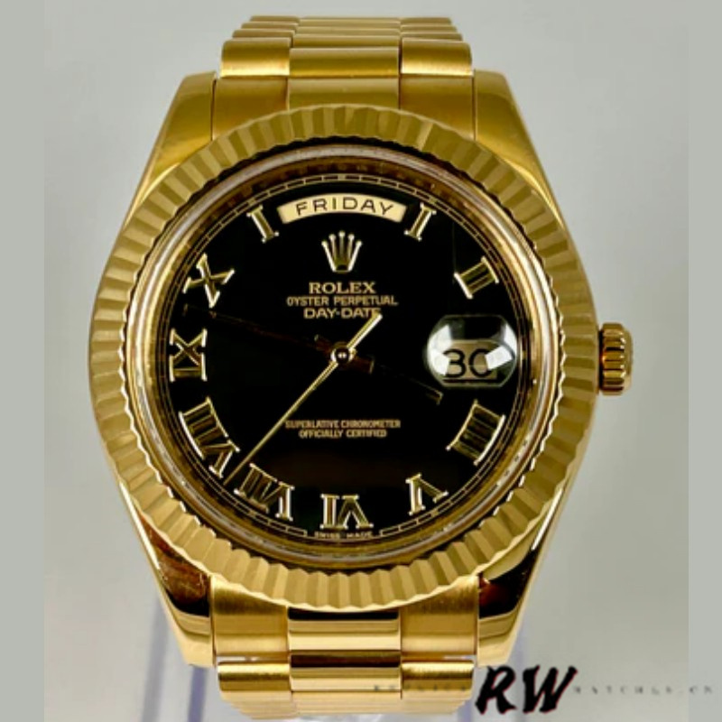 Rolex Day-Date 218238 Black Roman Numeral Dial Yellow Gold 41MM Mens Replica Watch - QualitySwissReplica