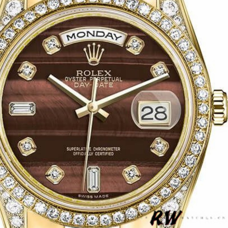 Rolex Day-Date 118388 Yellow Gold Bull's Eye Brown Dial 36mm Unisex Replica Watch - QualitySwissReplica