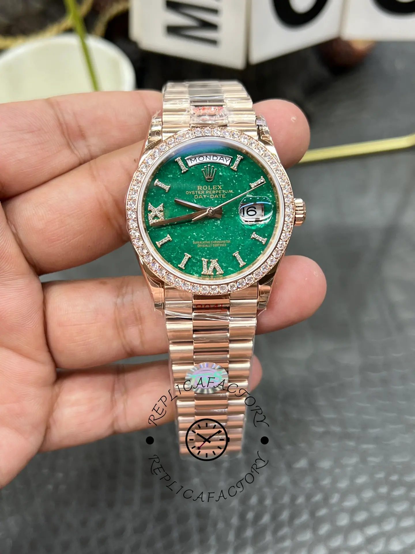 Rolex Day Date Oyster 36 mm Everose Gold Diamonds Bezel M128345RBR 0068 - QualitySwissReplica