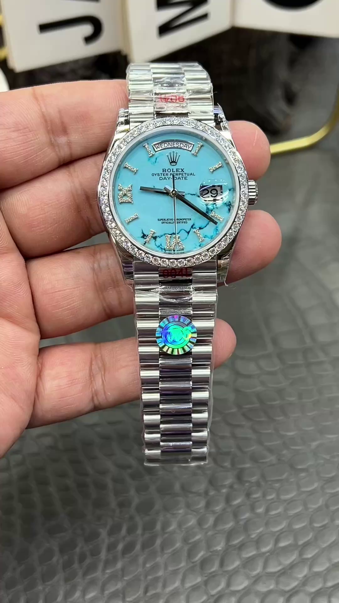 Rolex Day Date 36 Platinum Turquoise Diamond-Set Roman Dial Diamond Bezel m128396tbr 0016 - QualitySwissReplica