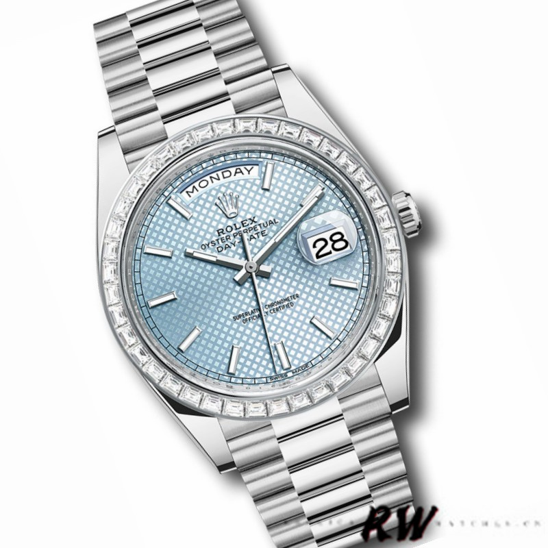 Rolex Day-Date 228396TBR Ice Blue Diagonal Motif Dial Diamond Bezel 40mm Mens Replica Watch - QualitySwissReplica