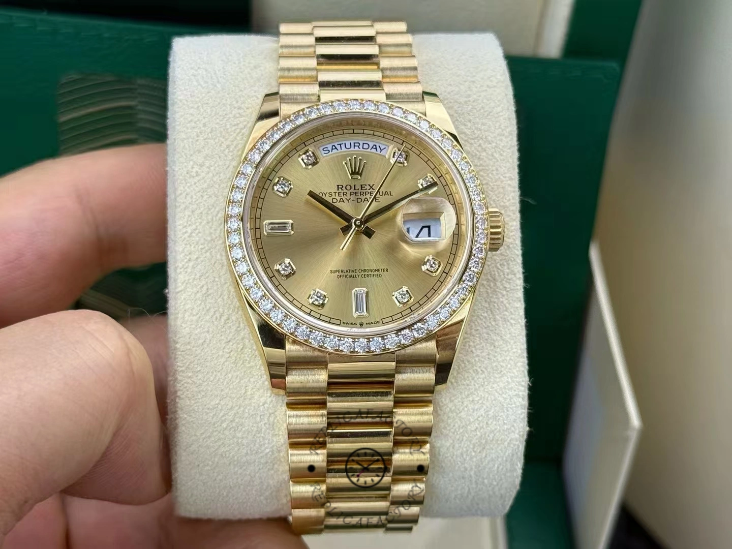 Rolex Day-Date 128348RBR Champagne Diamond Dial Yellow Gold 36MM Unisex Replica Watch - QualitySwissReplica