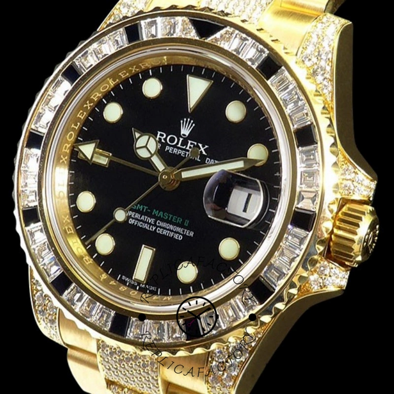 Rolex GMT-Master II 116758 Yellow Gold Black Dial Diamonds 40mm Mens Replica Watch - QualitySwissReplica