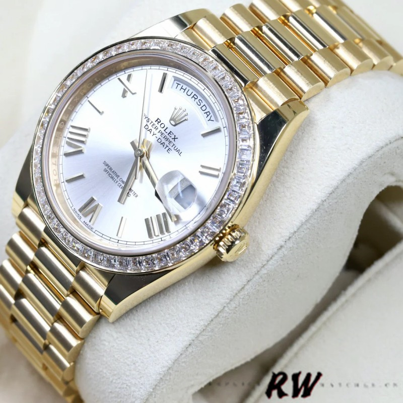 Rolex Day-Date 228398TBR Silver Roman Numeral Dial Diamond Bezel 40mm Mens Replica Watch - QualitySwissReplica