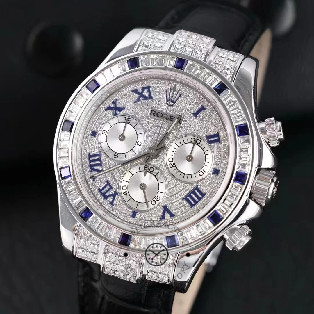 Rolex Daytona 116599 pave diamond dial Blue Leather Strap 40mm Mens Replica Watch - QualitySwissReplica