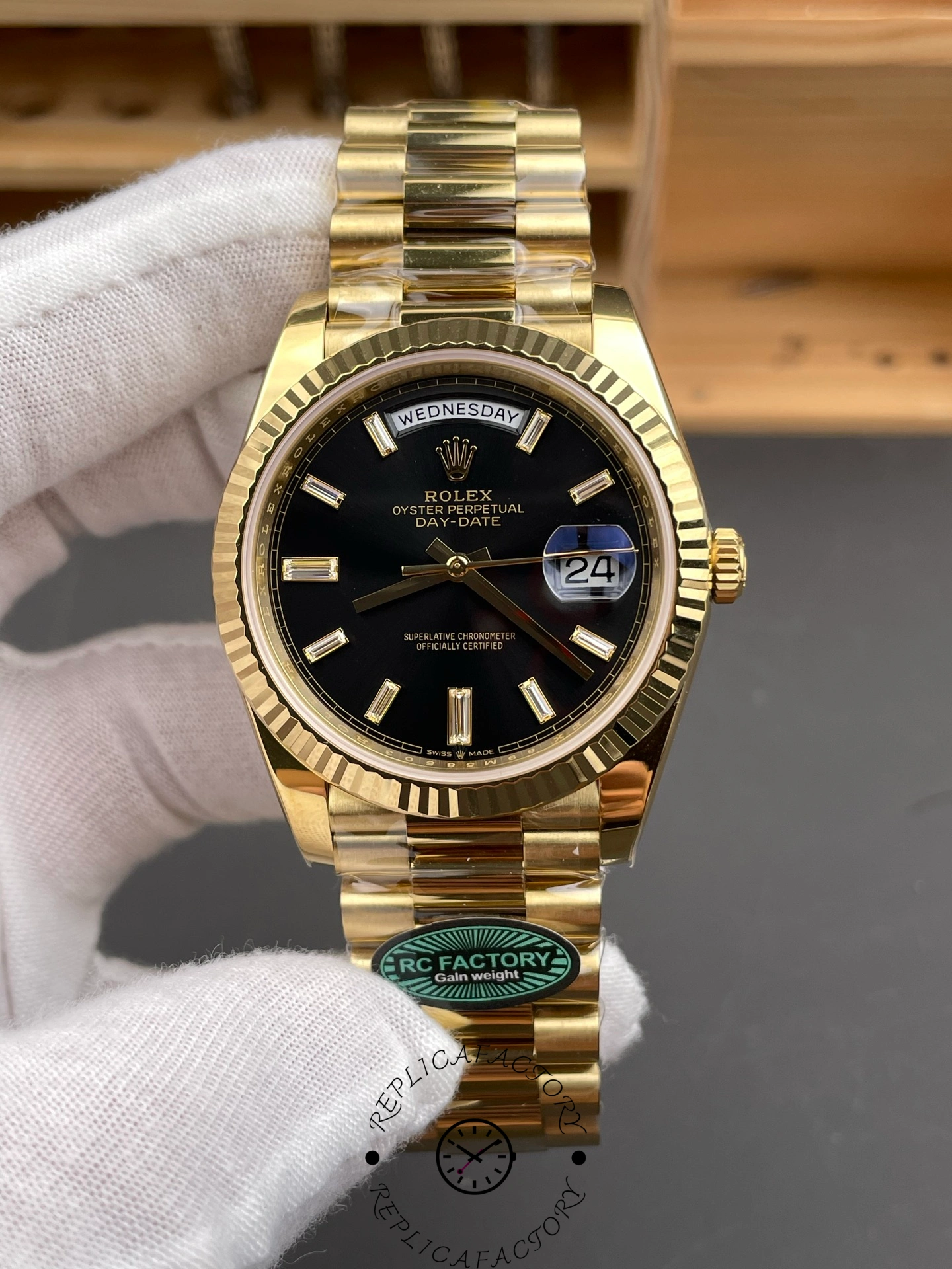 Rolex Day-Date 228238 0004 Black Diamond Dial Fluted Bezel 40mm Mens Replica Watch - QualitySwissReplica