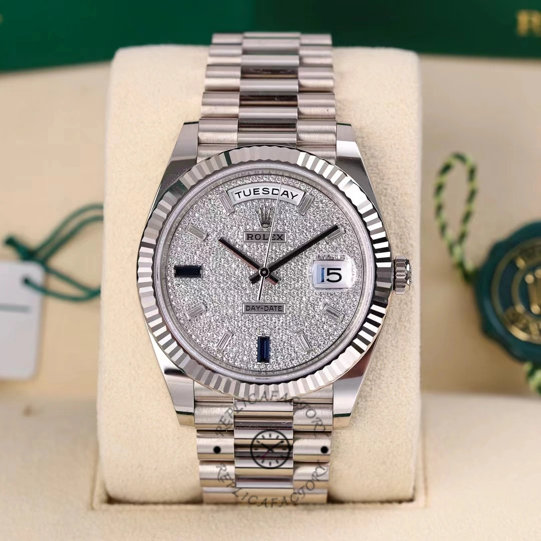 Rolex Day-Date 228239 Diamond Paved Dial Fluted Bezel 40mm Mens Replica Watch - QualitySwissReplica