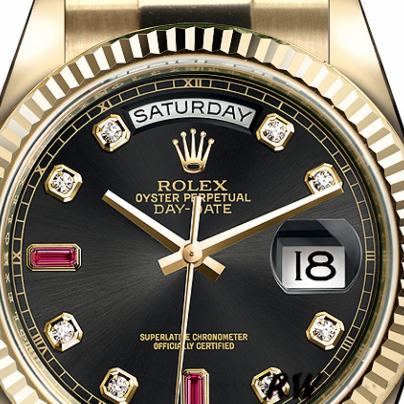 Rolex Day Date 118238 Yellow Gold Black Diamond Dial Fluted Bezel 36mm Mens Replica Watch - QualitySwissReplica