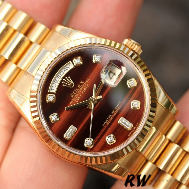 Rolex Day-Date 118238 Yellow Gold Diamond Bulls Eye Dial 36mm Unisex Replica Watch - QualitySwissReplica