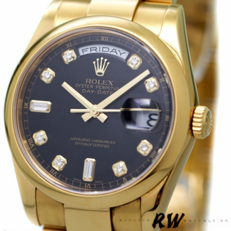 Rolex Day-Date 118208 Black Diamond Dial Yellow Gold 36mm Unisex Replica Watch - QualitySwissReplica