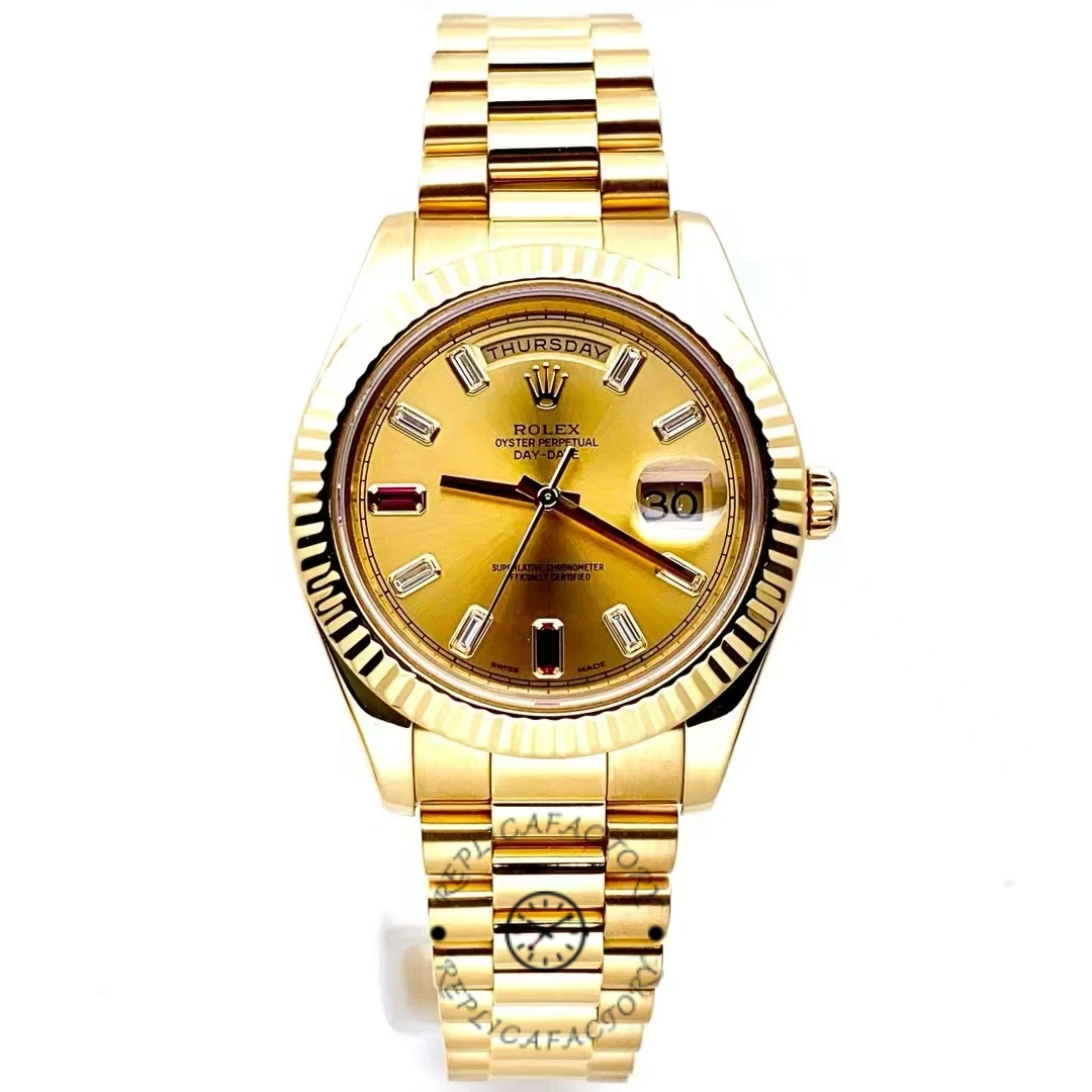 Rolex Day-Date 218238 Champagne Ruby Dial Yellow Gold 41MM Mens Replica Watch - QualitySwissReplica