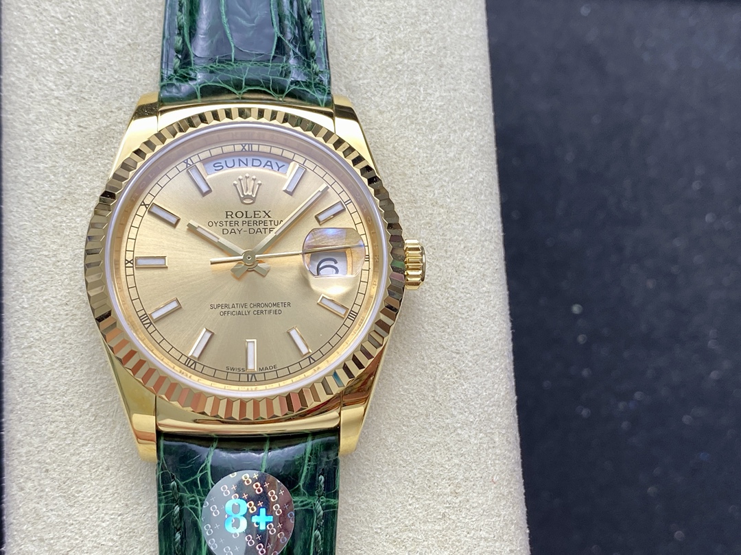 Rolex Day Date 36 Yellow Gold Champagne Dial 118138 0125 Green Strap - QualitySwissReplica