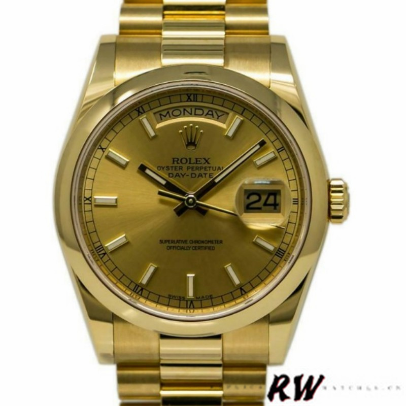 Rolex Day-Date 118208 Yellow Gold Champagne Dial 36mm Unisex Replica Watch - QualitySwissReplica