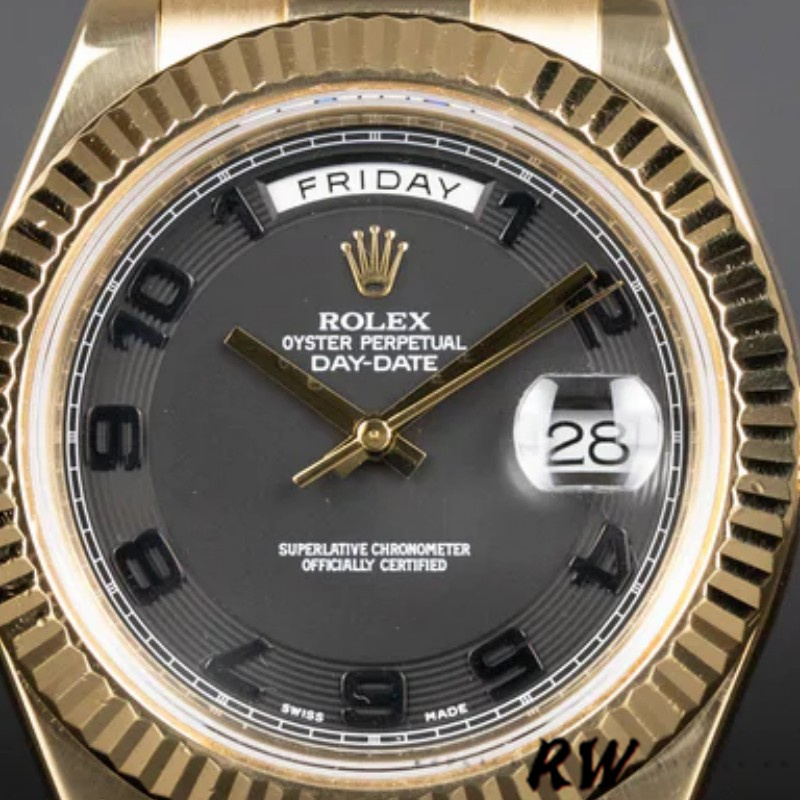 Rolex Day-Date 218238 Concentric Circle Black Dial Yellow Gold 41MM Mens Replica Watch - QualitySwissReplica