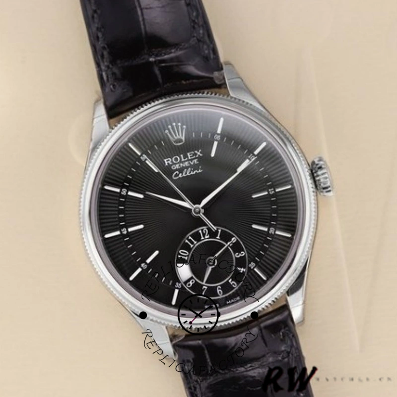 Rolex Cellini Dual Time 50529 Black Dial Brown Leather Strap 39mm Mens Replica Watch - QualitySwissReplica
