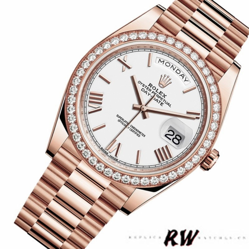 Rolex Day-Date 228345RBR White Roman Dial Diamond Bezel 40mm Mens Replica Watch - QualitySwissReplica