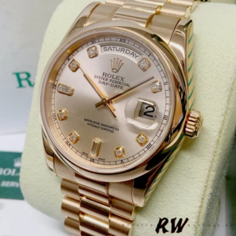 Rolex Day-Date 118205 Rose Gold Champagne Diamond Dial 36mm Unisex Replica Watch - QualitySwissReplica