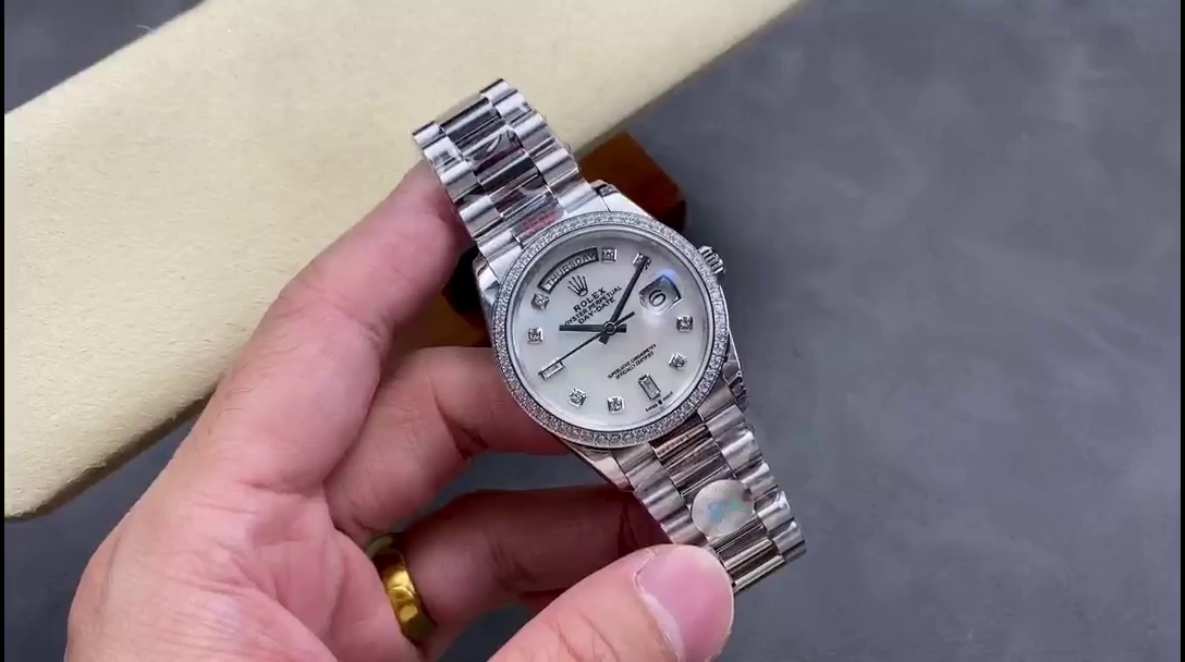 Rolex Day Date 36 Mother of Pearl Dial Diamond Bezel Platinum President m128396tbr 0005 - QualitySwissReplica