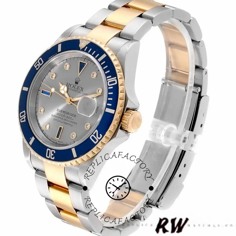 Rolex Submariner 16613 Steel Gold Diamond Sapphire Serti Dial 40mm Mens Replica Watch - QualitySwissReplica