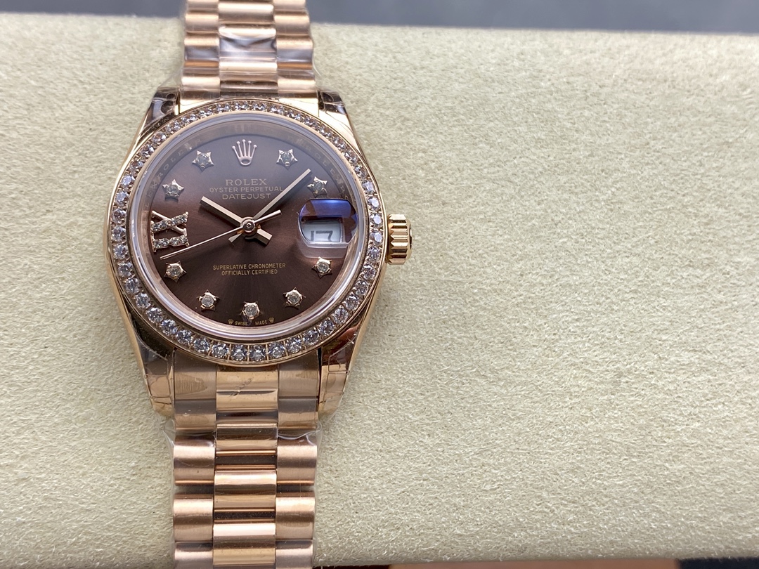 Rolex Datejust 28mm Everose Gold 279135RBR 0001 Chocolate 17 Diamond President Lady - QualitySwissReplica