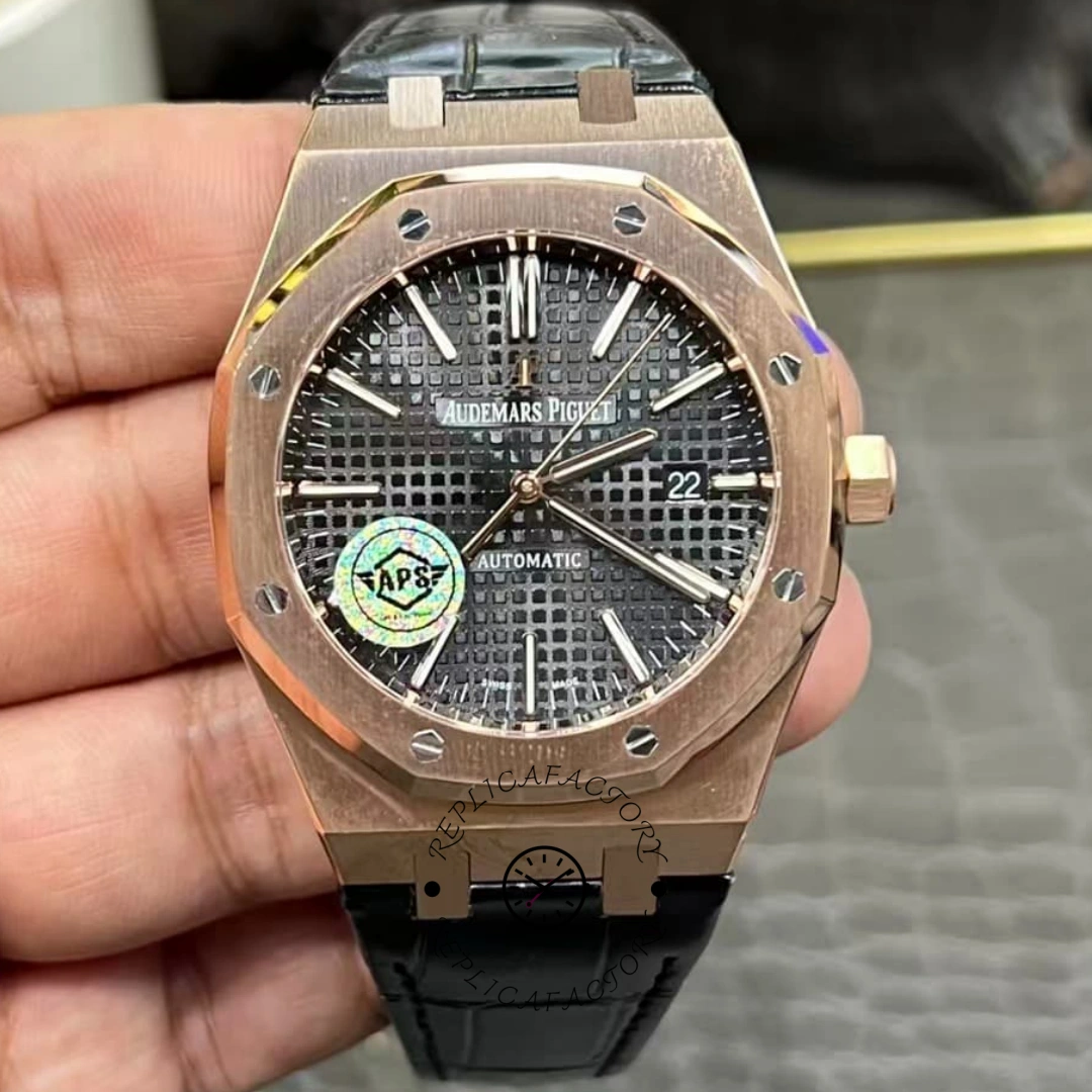 AP Replica Royal Oak 15400OR.OO.D002CR.01 41 Rose Gold Black Leather Strap - QualitySwissReplica