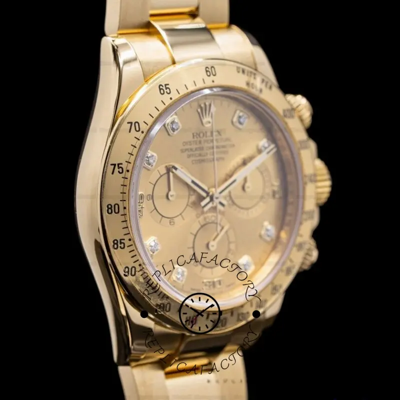 Rolex Daytona 116528 Yellow Gold Champagne Diamond Dial 40mm Mens Replica Watch - QualitySwissReplica
