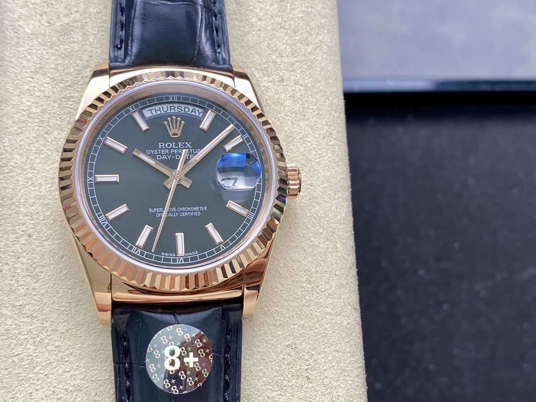 Rolex Day Date 36 Everose Gold Black Dial 118135 0063 Leather Watch - QualitySwissReplica