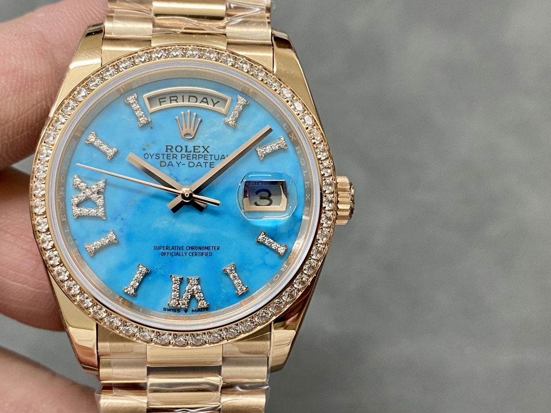 Rolex Day-Date 36 Rose Gold Turquoise Diamond-Set Roman Dial Diamond Bezel m128345rbr 0064 - QualitySwissReplica