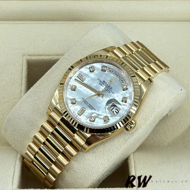 Rolex Day-Date 128238 Fluted Bezel White Mother of Pearl Dial 36MM Unisex Replica Watch - QualitySwissReplica