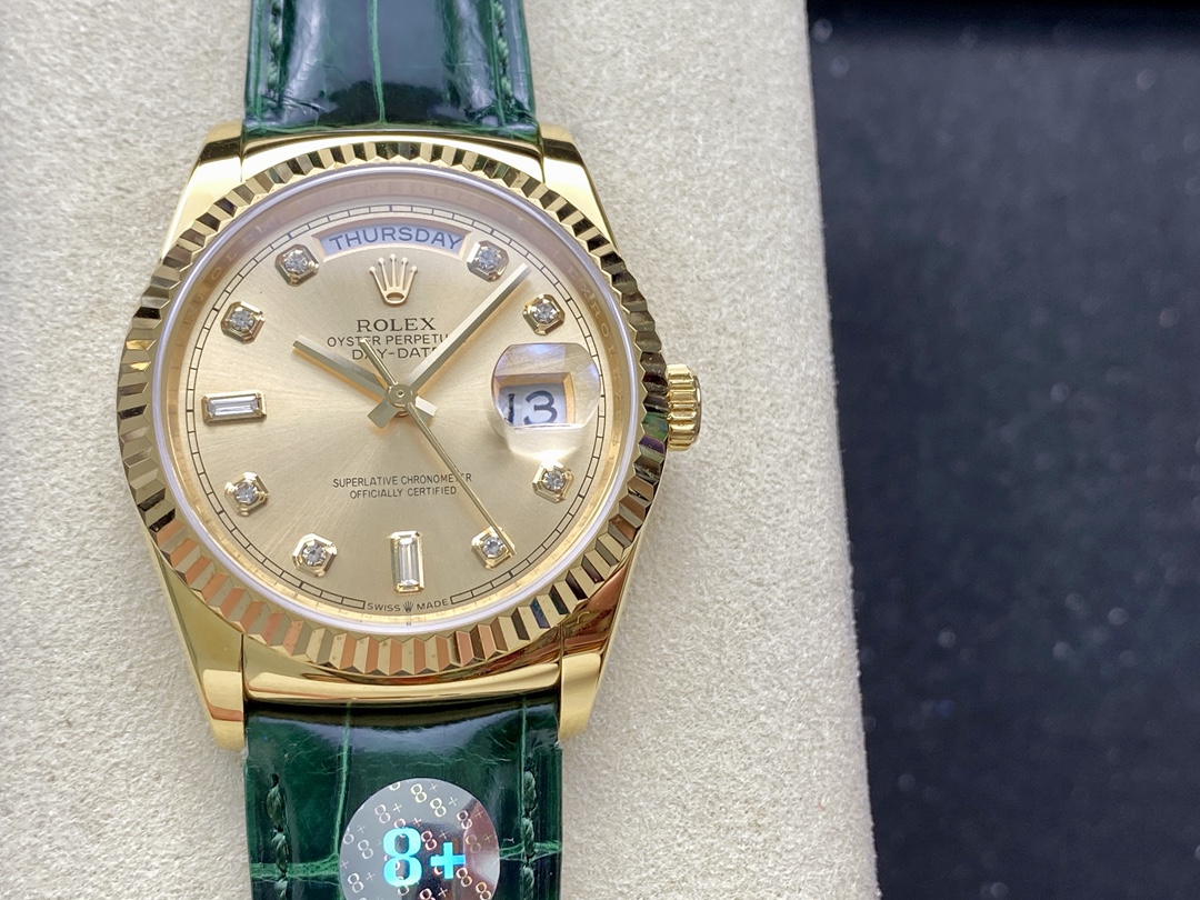 Rolex Day Date 36 Yellow Gold Champagne Dial 118138 0148 Green Leather Strap - QualitySwissReplica