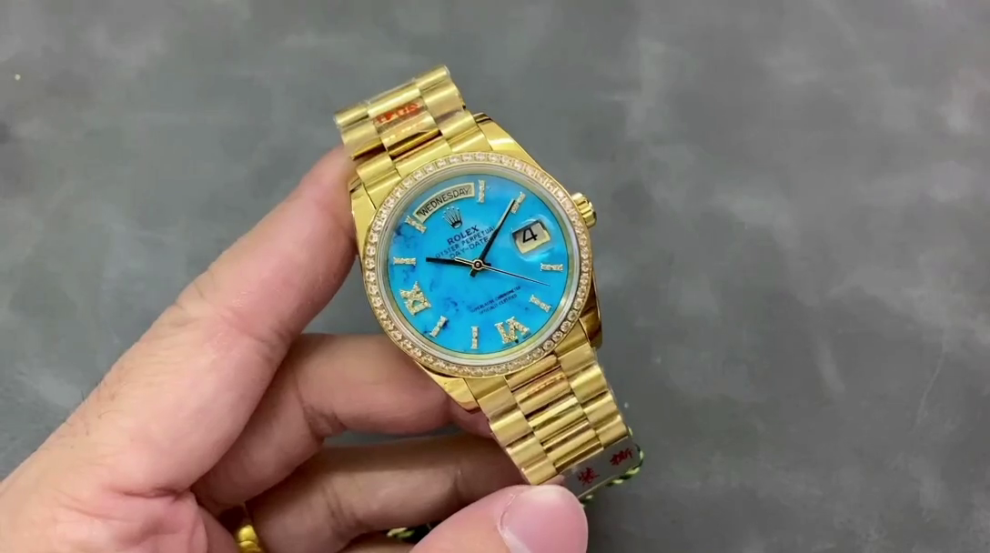 Rolex Day-Date 128348RBR Turquoise Diamond Dial Yellow Gold 36MM Unisex Replica Watch - QualitySwissReplica