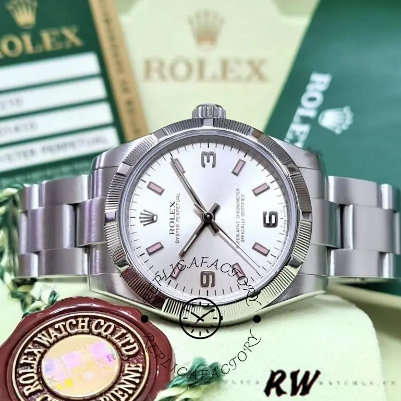 Rolex Oyster Perpetual 177210 Silver Dial Pink Hour Markers 31mm Lady Replica Watch - QualitySwissReplica